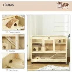 PawHut Cage XXL Pour Hamsters Souris Petits Rongeurs 3 Niveaux Multi-équipement Bascule Rampes Cottages Tiroir Excrément Roulettes Bois De Sapin Plexiglas Métal - Beige -PawHut Soldes Boutique 45847880 5