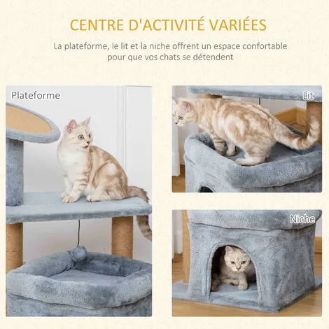 PawHut Arbre à Chat Griffoirs Grattoir Jute Naturelle Centre D'activités Niche Panier Plateforme Jeu Boule Suspendue Peluche Douce Gris 5 PawHut Arbre à Chat Griffoirs Grattoir Jute Naturelle Centre D'activités Niche Panier Plateforme Jeu Boule Suspendue Peluche Douce Gris – Image 5