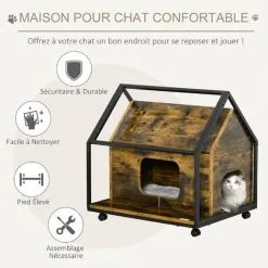 PawHut Maison Pour Chat Design Industriel - Niche Chat Sur Roulettes - Grand Coussin Inclus - Double Porte Et Sortie - Châssis Acier Noir Aspect Bois Vieilli - Marron -PawHut Soldes Boutique 46360316 4