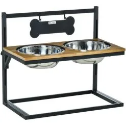 PawHut Gamelle Double Chien Porte-gamelles Surélevé Hauteur Réglable Dim. 58L X 32l X 50H Cm 2 Gamelles Acier Inox. Incluses Plateau Aspect Bois Clair - Beige