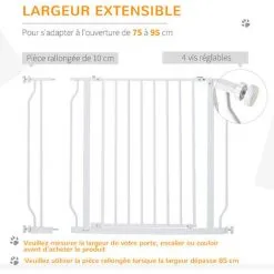 PawHut Barrière De Sécurité Animaux - Longueur Réglable Dim. 75-95 Cm - Porte Double Verrouillage, Ouverture Double Sens -sans Perçage - Acier ABS Blanc - Blanc -PawHut Soldes Boutique 46698984 4