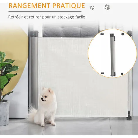 PawHut Barrière De Sécurité Barrière Animaux Rétractable Automatique Dim. 1,4L X 0,88H M Aluminium Maille PVC Blanc - Blanc 5 PawHut Barrière De Sécurité Barrière Animaux Rétractable Automatique Dim. 1,4L X 0,88H M Aluminium Maille PVC Blanc - Blanc – Image 5