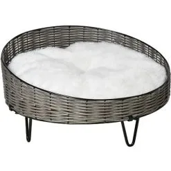 PawHut Panier Chien Chat Style Cosy Chic Avec Coussin Aspect Fourrure Blanc - Pieds Acier En épingles - Ø 60 X 32H Cm - Résine Tressée Grise