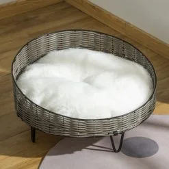 PawHut Panier Chien Chat Style Cosy Chic Avec Coussin Aspect Fourrure Blanc - Pieds Acier En épingles - Ø 60 X 32H Cm - Résine Tressée Grise -PawHut Soldes Boutique 47489062 4