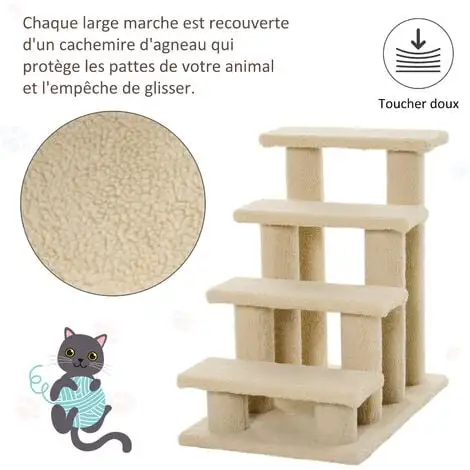 PawHut Escalier Pour Chat - Escalier Pour Chien - 4 Marches - Revêtement Flanelle Grande Douceur Haute Densité - Structure Panneaux Particules - Beige - Beige 5 PawHut Escalier Pour Chat - Escalier Pour Chien - 4 Marches - Revêtement Flanelle Grande Douceur Haute Densité - Structure Panneaux Particules - Beige - Beige – Image 5