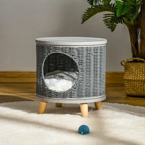 PawHut Maison Pour Chat Panier Chat Style Scandinave Coussin Aspect Fourrure Blanc Inclus Dim. Ø 36 X 40,5H Cm Pieds Bois Pin Résine Tressée Gris - Gris 2 PawHut Maison Pour Chat Panier Chat Style Scandinave Coussin Aspect Fourrure Blanc Inclus Dim. Ø 36 X 40,5H Cm Pieds Bois Pin Résine Tressée Gris - Gris – Image 2