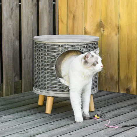 PawHut Maison Pour Chat Panier Chat Style Scandinave Coussin Aspect Fourrure Blanc Inclus Dim. Ø 36 X 40,5H Cm Pieds Bois Pin Résine Tressée Gris - Gris 4 PawHut Maison Pour Chat Panier Chat Style Scandinave Coussin Aspect Fourrure Blanc Inclus Dim. Ø 36 X 40,5H Cm Pieds Bois Pin Résine Tressée Gris - Gris – Image 4