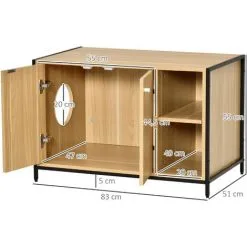 PawHut Maison De Toilette Pour Chat 2 Portes Avec Entrée Latérale 2 Niches Plateau Châssis Acier Panneaux Particules Aspect Bois Clair - Beige -PawHut Soldes Boutique 47489082 3