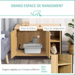 PawHut Maison De Toilette Pour Chat 2 Portes Avec Entrée Latérale 2 Niches Plateau Châssis Acier Panneaux Particules Aspect Bois Clair - Beige -PawHut Soldes Boutique 47489082 4