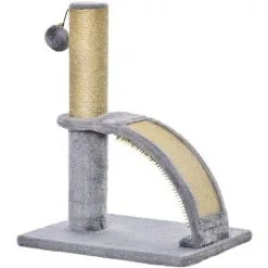 PawHut Arbre à Chat Griffoir Grattoir Design Jeu Boule Suspendue + Demi-arc De Massage Peluche Jute Naturelle Gris - Gris