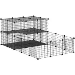 PawHut Cage Parc Enclos Rongeurs Modulable Dim. L 175 X L 105 X H 70 Cm 2 Niveaux 2 Portes Rampe Résine PP Fil Métallique Noir - Noir