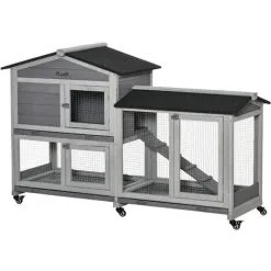 PawHut Clapier Sur Roulettes Cage à Lapins Rongeurs 2 Niveaux 3 Portes Verrouillables Tiroirs à Déjection Toit Intégral Bitumé 157L X 53l X 99H Cm Bois Sapin Gris - Gris