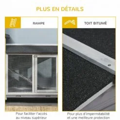PawHut Clapier Sur Roulettes Cage à Lapins Rongeurs 2 Niveaux 3 Portes Verrouillables Tiroirs à Déjection Toit Intégral Bitumé 157L X 53l X 99H Cm Bois Sapin Gris - Gris -PawHut Soldes Boutique 48873319 4