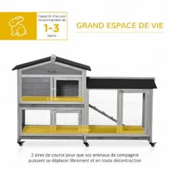 PawHut Clapier Sur Roulettes Cage à Lapins Rongeurs 2 Niveaux 3 Portes Verrouillables Tiroirs à Déjection Toit Intégral Bitumé 157L X 53l X 99H Cm Bois Sapin Gris - Gris -PawHut Soldes Boutique 48873319 5
