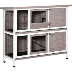 PawHut Clapier à Lapin Cage à Lapin 2 étages Trappe De Séparation Amovible 4 Portes Verrouillables 2 Plateaux Coulissants Rampe Toit Ouvrant Bois De Sapin Gris Blanc