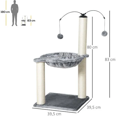 PawHut Arbre à Chat 2 Griffoirs Grattoirs Sisal Naturel Hamac Jeu 2 Boules Suspendues Peluche Haute Densité 400 G/m² Gris 3 PawHut Arbre à Chat 2 Griffoirs Grattoirs Sisal Naturel Hamac Jeu 2 Boules Suspendues Peluche Haute Densité 400 G/m² Gris – Image 3