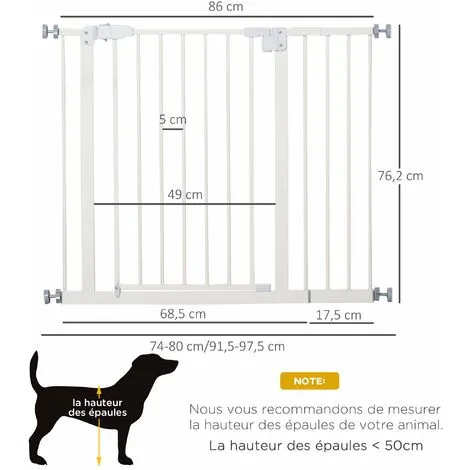 PawHut Barrière De Sécurité Animaux - Longueur Réglable Dim. 74-97,5 Cm - Porte Double Verrouillage, Ouverture Double Sens -sans Perçage - Acier Plastique Blanc - Blanc 3 PawHut Barrière De Sécurité Animaux - Longueur Réglable Dim. 74-97,5 Cm - Porte Double Verrouillage, Ouverture Double Sens -sans Perçage - Acier Plastique Blanc - Blanc – Image 3