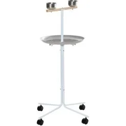 PawHut Perchoir Sur Pied Pour Perroquets, Grandes Perruches - 4 Roulettes - 2 Mangeoires Et Plateau Inox, Perchoir - Métal Blanc