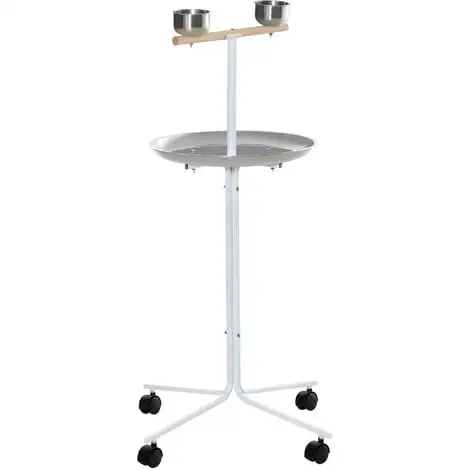 PawHut Perchoir Sur Pied Pour Perroquets, Grandes Perruches - 4 Roulettes - 2 Mangeoires Et Plateau Inox, Perchoir - Métal Blanc 1 PawHut Perchoir Sur Pied Pour Perroquets, Grandes Perruches - 4 Roulettes - 2 Mangeoires Et Plateau Inox, Perchoir - Métal Blanc