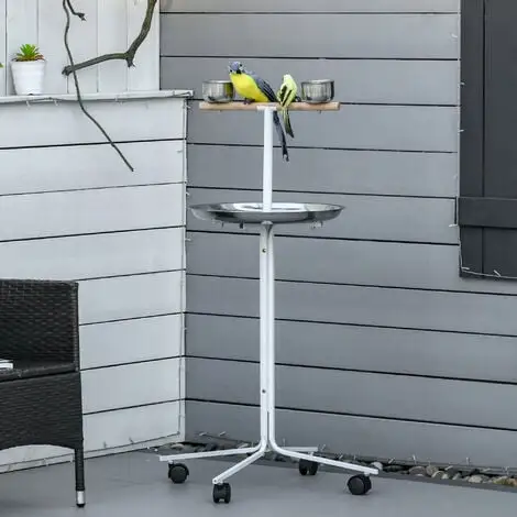 PawHut Perchoir Sur Pied Pour Perroquets, Grandes Perruches - 4 Roulettes - 2 Mangeoires Et Plateau Inox, Perchoir - Métal Blanc 2 PawHut Perchoir Sur Pied Pour Perroquets, Grandes Perruches - 4 Roulettes - 2 Mangeoires Et Plateau Inox, Perchoir - Métal Blanc – Image 2