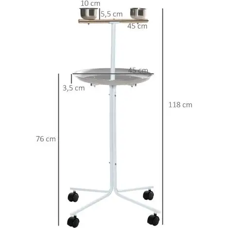 PawHut Perchoir Sur Pied Pour Perroquets, Grandes Perruches - 4 Roulettes - 2 Mangeoires Et Plateau Inox, Perchoir - Métal Blanc 3 PawHut Perchoir Sur Pied Pour Perroquets, Grandes Perruches - 4 Roulettes - 2 Mangeoires Et Plateau Inox, Perchoir - Métal Blanc – Image 3