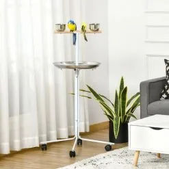 PawHut Perchoir Sur Pied Pour Perroquets, Grandes Perruches - 4 Roulettes - 2 Mangeoires Et Plateau Inox, Perchoir - Métal Blanc 8 PawHut Perchoir Sur Pied Pour Perroquets, Grandes Perruches - 4 Roulettes - 2 Mangeoires Et Plateau Inox, Perchoir - Métal Blanc -PawHut Soldes Boutique 50909205 4