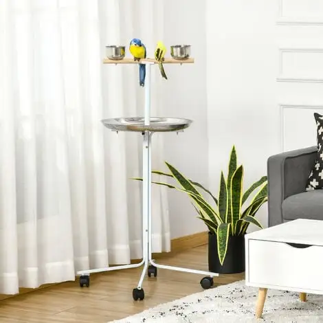 PawHut Perchoir Sur Pied Pour Perroquets, Grandes Perruches - 4 Roulettes - 2 Mangeoires Et Plateau Inox, Perchoir - Métal Blanc 4 PawHut Perchoir Sur Pied Pour Perroquets, Grandes Perruches - 4 Roulettes - 2 Mangeoires Et Plateau Inox, Perchoir - Métal Blanc – Image 4