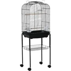 PawHut Cage à Oiseaux Volière Amovible Sur Roulettes - Toit Ouvrant, Tiroir Déjection, 2 Perchoirs, 2 Trappes, Porte, 2 Mangeoires, 2 Poignées - étagère - Acier PP Noir - Noir
