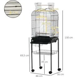 PawHut Cage à Oiseaux Volière Amovible Sur Roulettes - Toit Ouvrant, Tiroir Déjection, 2 Perchoirs, 2 Trappes, Porte, 2 Mangeoires, 2 Poignées - étagère - Acier PP Noir - Noir -PawHut Soldes Boutique 50909206 3