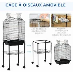 PawHut Cage à Oiseaux Volière Amovible Sur Roulettes - Toit Ouvrant, Tiroir Déjection, 2 Perchoirs, 2 Trappes, Porte, 2 Mangeoires, 2 Poignées - étagère - Acier PP Noir - Noir -PawHut Soldes Boutique 50909206 5