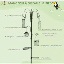 PawHut Mangeoire à Oiseaux Complet H.2,26 M Style Rustique Chic - 6 Crochets Réglables, 4 Mangeoires, Plateau D'alimentation, Grand Bain, 4 Piquets D'ancrage Au Sol - Acier époxy Aspect Fer Forgé - Noir 8 PawHut Mangeoire à Oiseaux Complet H.2,26 M Style Rustique Chic - 6 Crochets Réglables, 4 Mangeoires, Plateau D'alimentation, Grand Bain, 4 Piquets D'ancrage Au Sol - Acier époxy Aspect Fer Forgé - Noir -PawHut Soldes Boutique 50909209 4