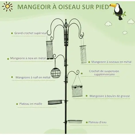 PawHut Mangeoire à Oiseaux Complet H.2,26 M Style Rustique Chic - 6 Crochets Réglables, 4 Mangeoires, Plateau D'alimentation, Grand Bain, 4 Piquets D'ancrage Au Sol - Acier époxy Aspect Fer Forgé - Noir 4 PawHut Mangeoire à Oiseaux Complet H.2,26 M Style Rustique Chic - 6 Crochets Réglables, 4 Mangeoires, Plateau D'alimentation, Grand Bain, 4 Piquets D'ancrage Au Sol - Acier époxy Aspect Fer Forgé - Noir – Image 4