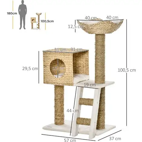 PawHut Arbre à Chat Style Cosy Chic Griffoirs Quenouille échelle Niche Panier 2 Coussins Inclus Peluche Courte Polyester Haute Densité Crème Beige 3 PawHut Arbre à Chat Style Cosy Chic Griffoirs Quenouille échelle Niche Panier 2 Coussins Inclus Peluche Courte Polyester Haute Densité Crème Beige – Image 3