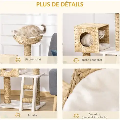PawHut Arbre à Chat Style Cosy Chic Griffoirs Quenouille échelle Niche Panier 2 Coussins Inclus Peluche Courte Polyester Haute Densité Crème Beige 5 PawHut Arbre à Chat Style Cosy Chic Griffoirs Quenouille échelle Niche Panier 2 Coussins Inclus Peluche Courte Polyester Haute Densité Crème Beige – Image 5