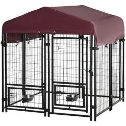 PawHut Chenil Extérieur Pour Chien - Cage Chien - Enclos Chien - Toile Toit Imperméable Anti-UV, Porte Verrouillable, 2 Bols Rotatifs - Acier Noir Oxford Pourpre - Noir