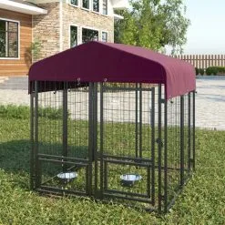 PawHut Chenil Extérieur Pour Chien - Cage Chien - Enclos Chien - Toile Toit Imperméable Anti-UV, Porte Verrouillable, 2 Bols Rotatifs - Acier Noir Oxford Pourpre - Noir -PawHut Soldes Boutique 51254840 4