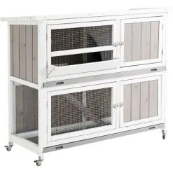 PawHut Clapier à Lapin Cage à Lapin 2 étages Trappe Séparation Amovible 4 Portes Verrouillables 2 Plateaux Déjection Rampe Roulettes Toit Bitumé Sapin Gris Blanc - Gris