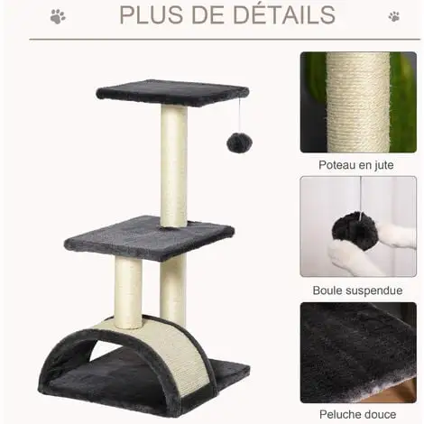 PawHut Arbre à Chat Griffoir Grattoir Design Jeu Boule Suspendue 2 Plateformes Peluche Sisal Naturel Gris - Gris 5 PawHut Arbre à Chat Griffoir Grattoir Design Jeu Boule Suspendue 2 Plateformes Peluche Sisal Naturel Gris - Gris – Image 5