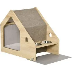 PawHut Niche D'intérieur Pour Chien Et Chat Design Avec 2 Gamelles Et Coussin Amovible MDF Aspect Bois Clair Tissu Brun Clair