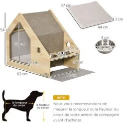 PawHut Niche D'intérieur Pour Chien Et Chat Design Avec 2 Gamelles Et Coussin Amovible MDF Aspect Bois Clair Tissu Brun Clair -PawHut Soldes Boutique 53591999 3
