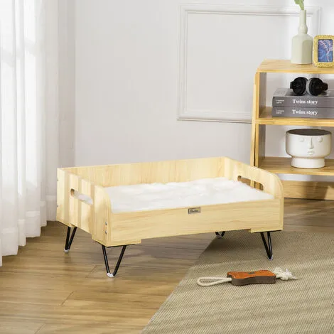 PawHut Canapé Chien Chat Style Cosy Naturel Avec Coussin Aspect Fourrure Blanc Dim. 70L X 45l X 31,5H Cm Pieds Acier En épingles Lit MDF Aspect Bois Clair Naturel 2 PawHut Canapé Chien Chat Style Cosy Naturel Avec Coussin Aspect Fourrure Blanc Dim. 70L X 45l X 31,5H Cm Pieds Acier En épingles Lit MDF Aspect Bois Clair Naturel – Image 2