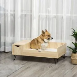 PawHut Canapé Chien Chat Style Cosy Naturel - Coussin Aspect Fourrure Blanc Et Coffre Inclus - Dim. 89L X 56l X 31H Cm - Pieds Acier En épingles Lit MDF Aspect Bois Clair Naturel -PawHut Soldes Boutique 53592001 4