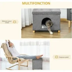 PawHut Niche Chat Maison De Chat Sur Pied Repose-pied 2 En 1 - Coussin Inclus - Pliable - MDF Peluche Suédé Gris -PawHut Soldes Boutique 53592005 5