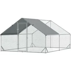 PawHut Enclos Poulailler Chenil 12 M² - Parc Grillagé Dim. 4L X 3l X 2H M - Espace Couvert - Acier Galvanisé