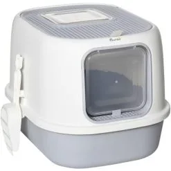 PawHut Maison De Toilette Litière Pour Chat Double Porte Battante Et Supérieure - Filtre Odeur + Pelle Fournis - Gris