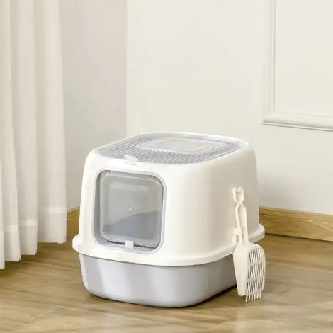 PawHut Maison De Toilette Litière Pour Chat Double Porte Battante Et Supérieure - Filtre Odeur + Pelle Fournis - Gris 2 PawHut Maison De Toilette Litière Pour Chat Double Porte Battante Et Supérieure - Filtre Odeur + Pelle Fournis - Gris – Image 2