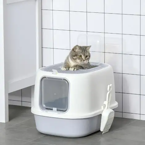 PawHut Maison De Toilette Litière Pour Chat Double Porte Battante Et Supérieure - Filtre Odeur + Pelle Fournis - Gris 4 PawHut Maison De Toilette Litière Pour Chat Double Porte Battante Et Supérieure - Filtre Odeur + Pelle Fournis - Gris – Image 4
