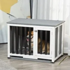 PawHut Cage Pour Chien Animaux Pliable Dim. 84L X 51l X 61H Cm Porte Verrouillable Toit Ouvrant Plateau Déjection Bois Sapin Gris Blanc Noir - Gris -PawHut Soldes Boutique 54308944 4