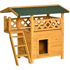 PawHut Maison Lodge - Niche Villa Avec Terrasse, Escalier, Toit Pour Chien Chat - Dim. 77L X 50l X 73H Cm - Bois Sapin Pré-huilé - Orange