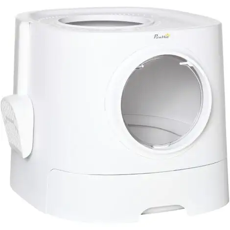 PawHut Maison De Toilette Litière Pour Chat Double Porte Battante Et Supérieure - Pelle Fournie - PE Blanc - Blanc 1 PawHut Maison De Toilette Litière Pour Chat Double Porte Battante Et Supérieure - Pelle Fournie - PE Blanc - Blanc